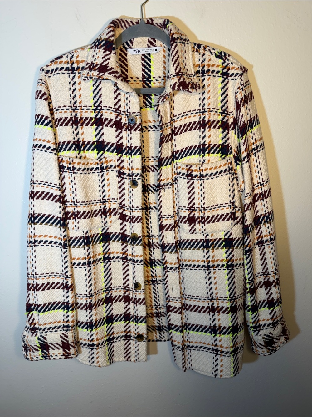 Zara Cream Brown Neon Yellow Plaid Tweed Button-Down Shacket Shirt Jacket M